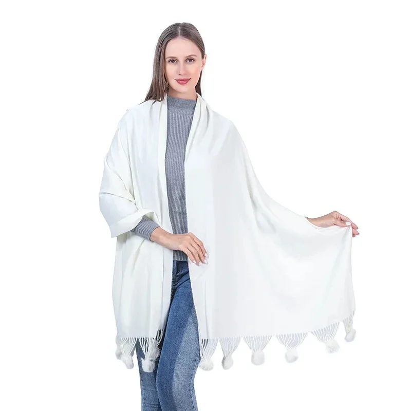 Autumn Winter Imitation Rabbit Hair Ball Scarf Warm Knitting Women Shawl Female Poncho Lady Capes White Cloaks