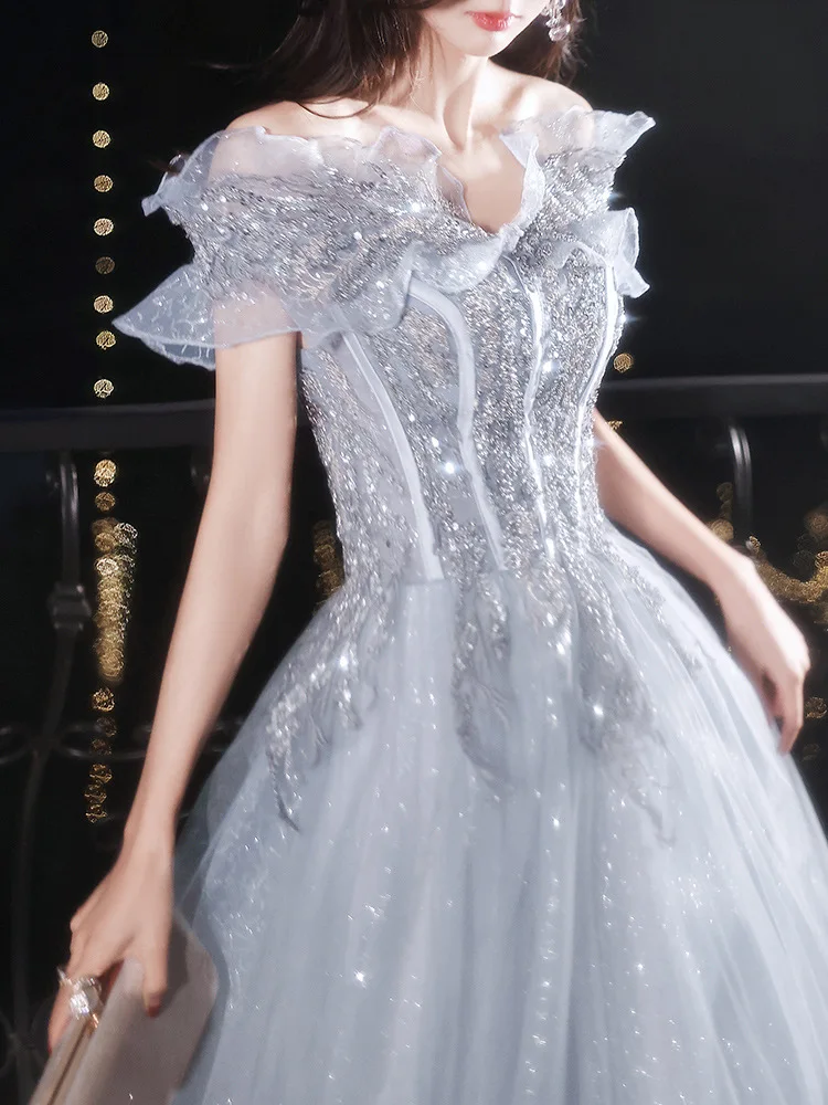 N1160 الفتيات النساء فساتين السهرة الطويلة الملابس الحلو الذاكرة مثير قبالة الكتف فستان رمادي الذاكرة الحلوة فستان رسمي أنيق