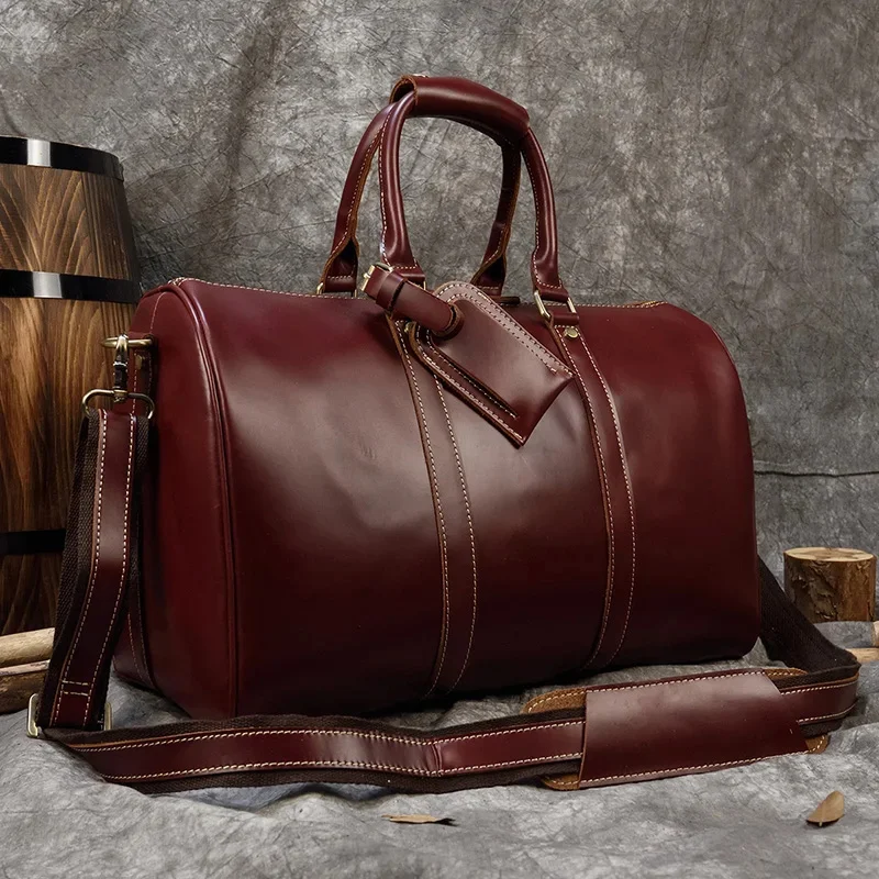 Brand Name Luxury Designer Genuine Leather Mens Travel Bag Wine Red Smooth Natural Cowskin Duffle For Male 2024 Latest Style