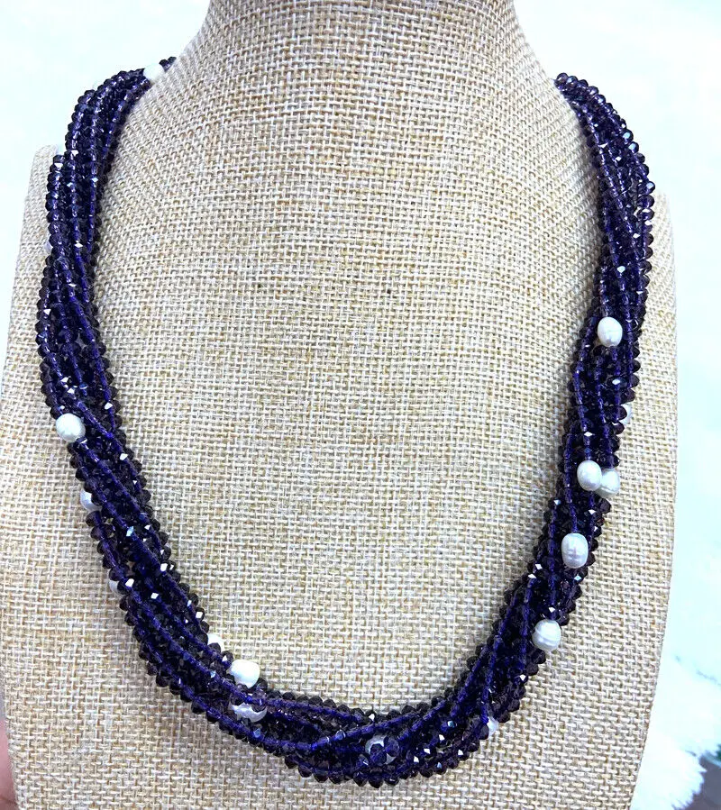 6 rows 2x4mm purple quartzite crystal & white freshwater pearl necklace 18”