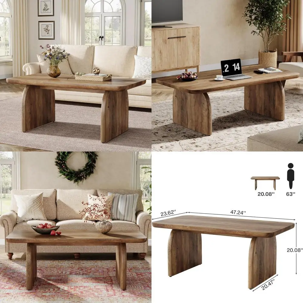 

Farmhouse Style Rectangular Coffee Table, 47-Inch Wood Living Room Centerpiece, Low Cocktail Table for Casual Gatherings