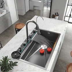 Stainless Steel Waterfall Kitchen Sink Embossed Extra Large Single Slot Intelligent Digital Display Dishwashing sink