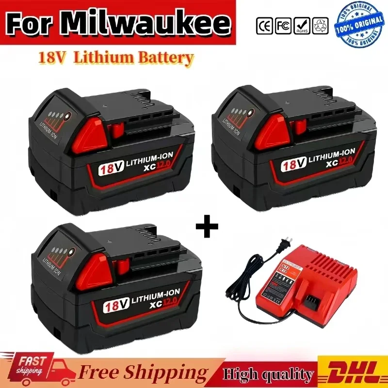 Large capacity For Milwaukee M18 Power Tool Battery, Charger, BR, XC, 18V, 6000mAh M18B5, 48-11-1860, Built-in 21700 Battery