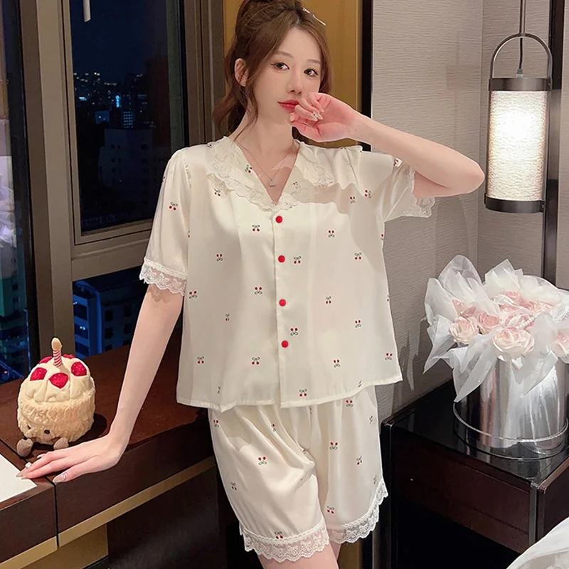 Little Fresh Cute Cherry Print Lace Pajamas for Women Sweet Korean Three-piece Female Lounges 2024 New Y2k Spring Sleep Clothing