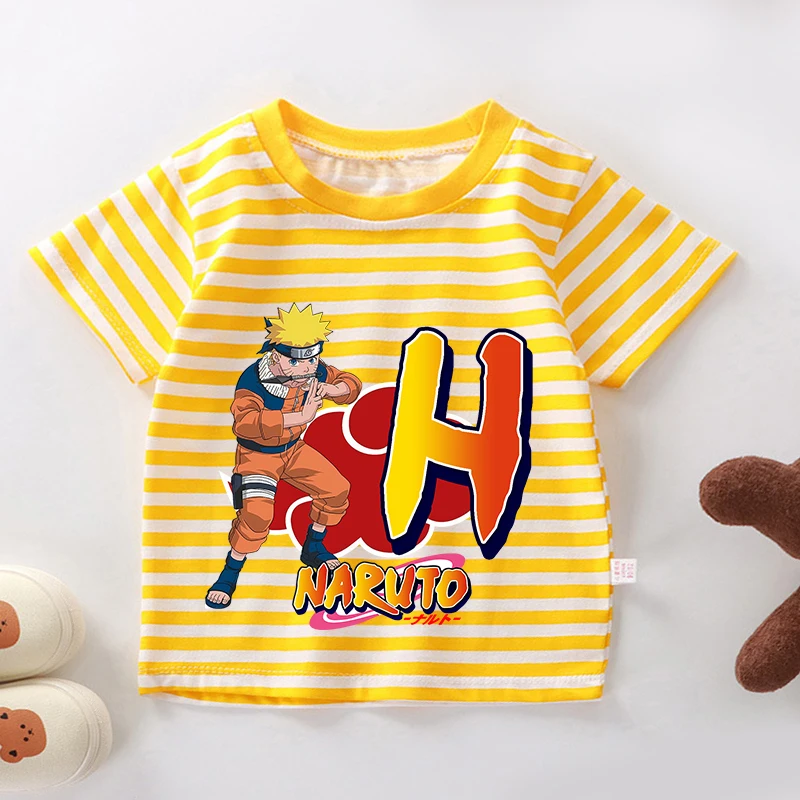 

Narutos T-shirt Boy Girl Fun Letters A-Z Cartoon Anime Short Sleeves Children's Fashion Striped Tee Leisure Home Clothes Top New