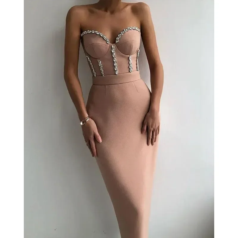 2024 Summer Strapless Bandage Dresses Bodycon Sexy Sparkling Diamond Decoration Hip Covering Evening Party Bandage Midi Dresses