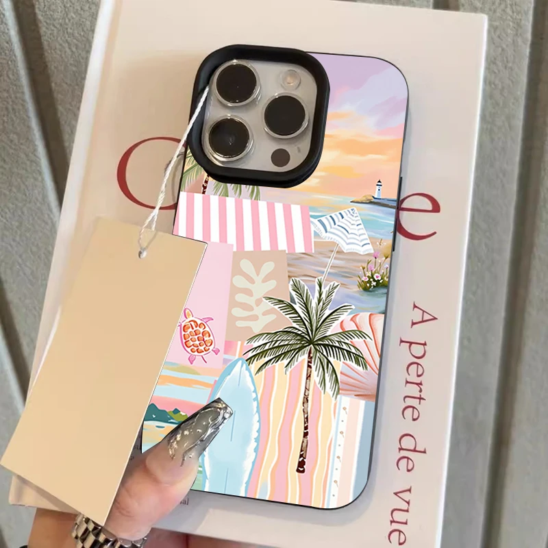 Simple Summer Palm Tree Pattern Lychee Texture Phone Case For iPhone 17 Pro Max 11 12 13 14 15 16 Pro 15 Plus 17 Air Soft Cover view 6