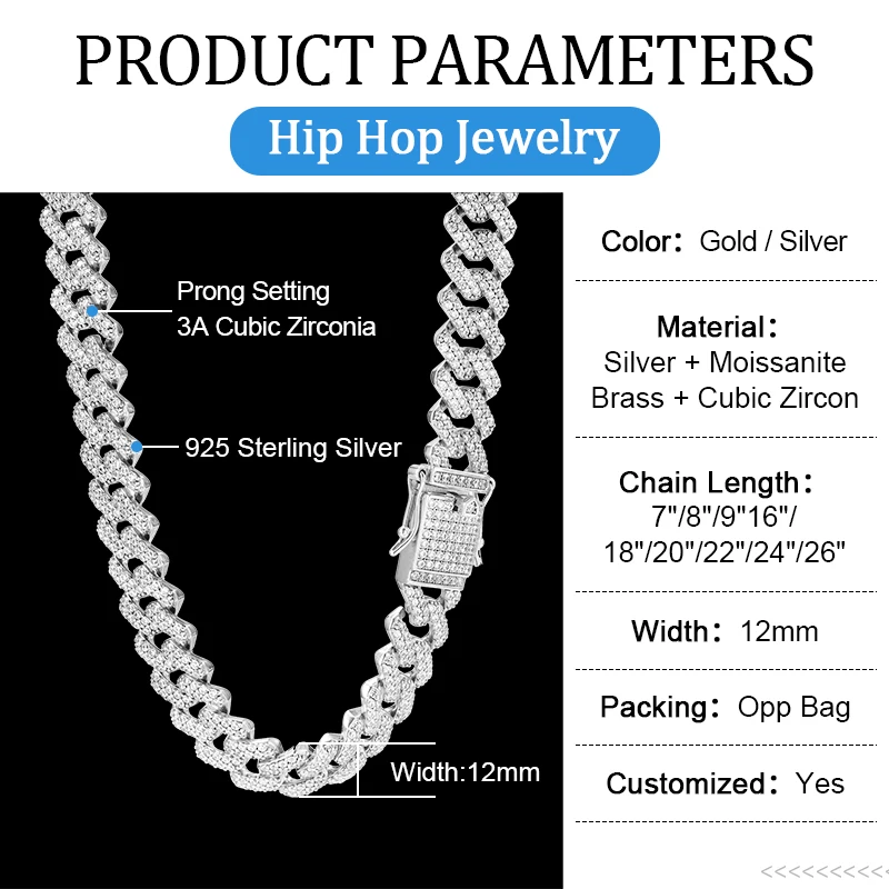 Custom Hip Hop Ice Out mossanite necklace 925 Sterling Silver VVS Moissanite Cuban Link Cuban Chain