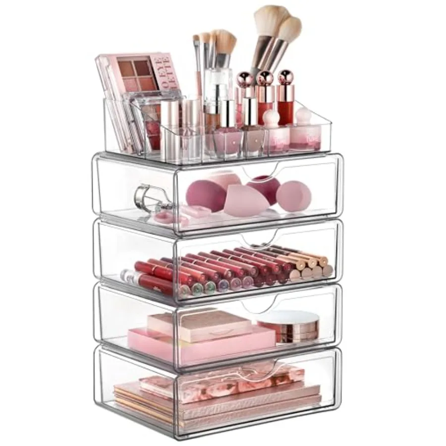 

Clear Makeup Organizer with Drawer, Cosmetic Storage for Dresser Countertop and Bathroom Vanity, Beauty Holder for Lipstick Bru