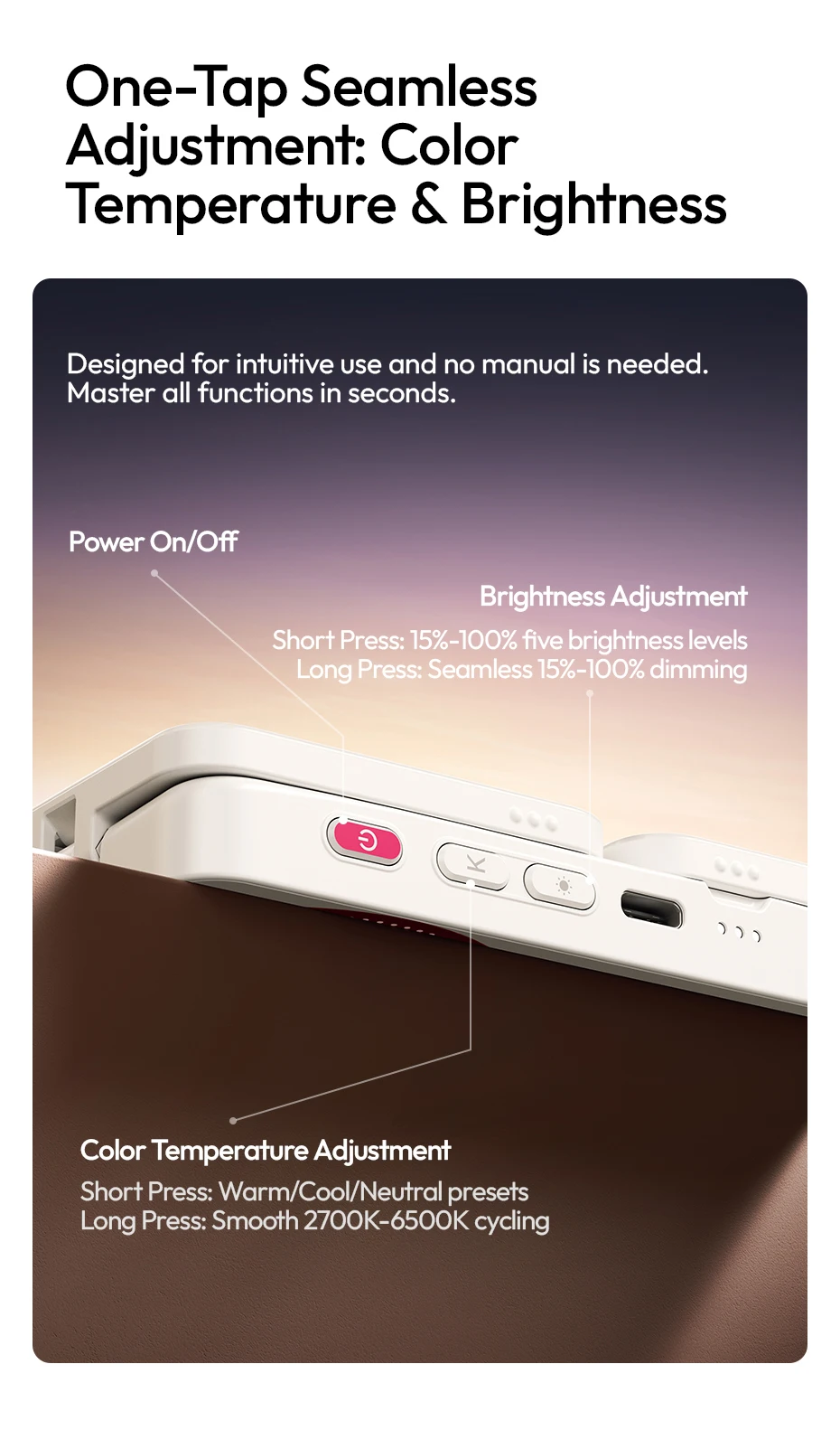 Ulanzi GL01 GlowUp Fill Light – Beidseitiges magnetisches Selfie- und Videolicht für iPhone 17, 16, 15, Huawei und Xiaomi – Detail 14