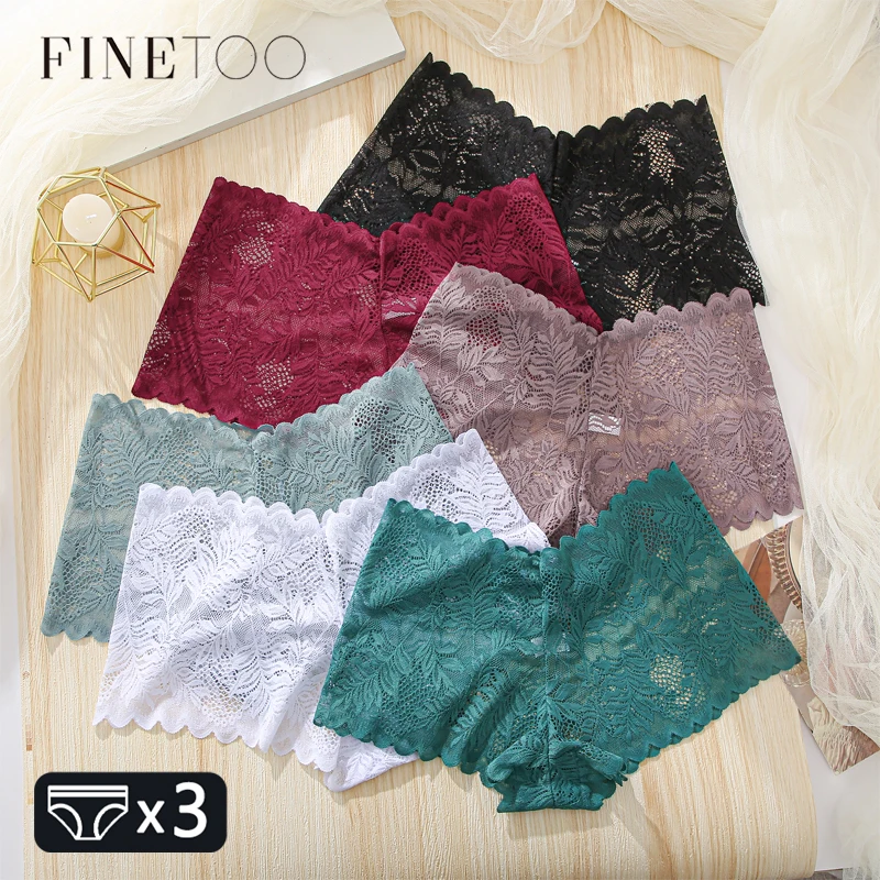 FINETOO 3Pcs Lace Boyshort Panties Women Low Waist Floral Underwear Girls Sexy Breathable Briefs Ladies Hollow Out Lingerie S-XL