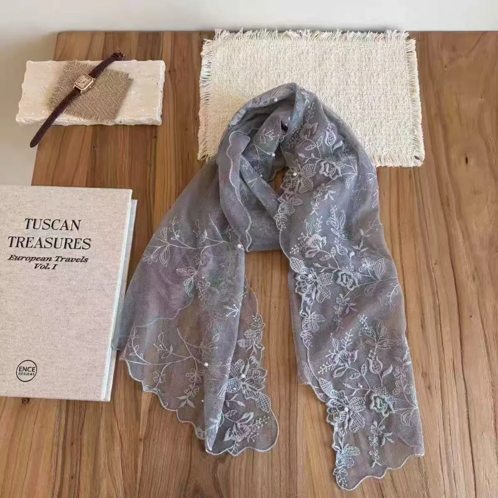 

Универсальный женский кружевной шарф в стиле ретро, длинный корейский вариант, солнцезащитная накидка с вышивкой цветов, однотонный женский головной платок