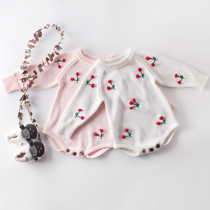 Newborn Girls Jumpsuits Infant Baby Girls Knit Romper Cherry Embroidery Long Sleeve Button Warm Spring Toddler Clothes Jumpsuits