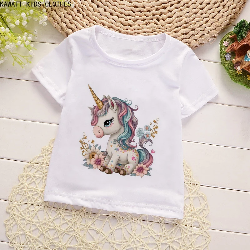 

2024 New Unicorn Floral T-shirts Cartoon Printed Girls Tees Children Tops Short-sleeve Clothes for Summer Kids Outfits Gift