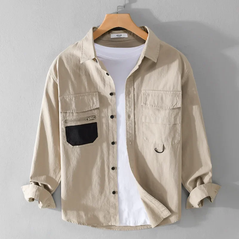 American Style Cargo Shirt Men Spring Summer New Casual Long Sleeve Man Shirts Double Pocket Cotton Green Shirt Fashion Clothing