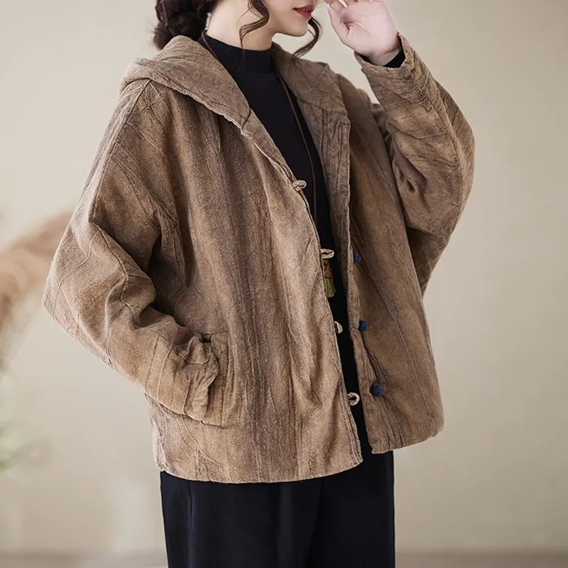 الخريف الشتاء خمر نمط فضفاض الإناث ملابس خارجية غير رسمية معاطف B2020 سميكة الدافئة جاكت مزود بغطاء للرأس المرأة جديد وصول 2025