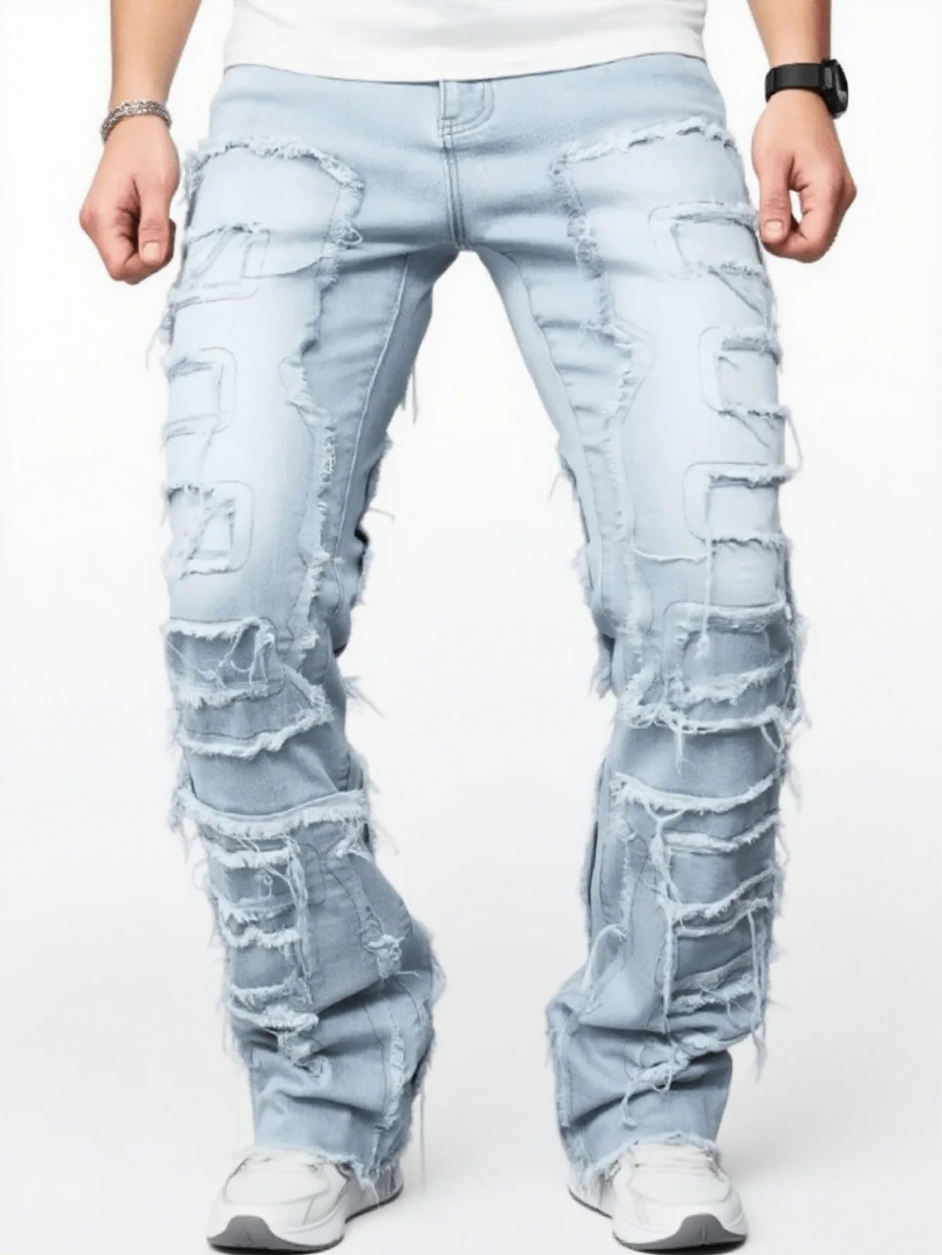 

Мужские розовые потертые прямые джинсы — повседневный уличный стиль, хип-хоп, скейтборд, рэп, джинсовая ткань с потертыми деталями кисточками для всех S