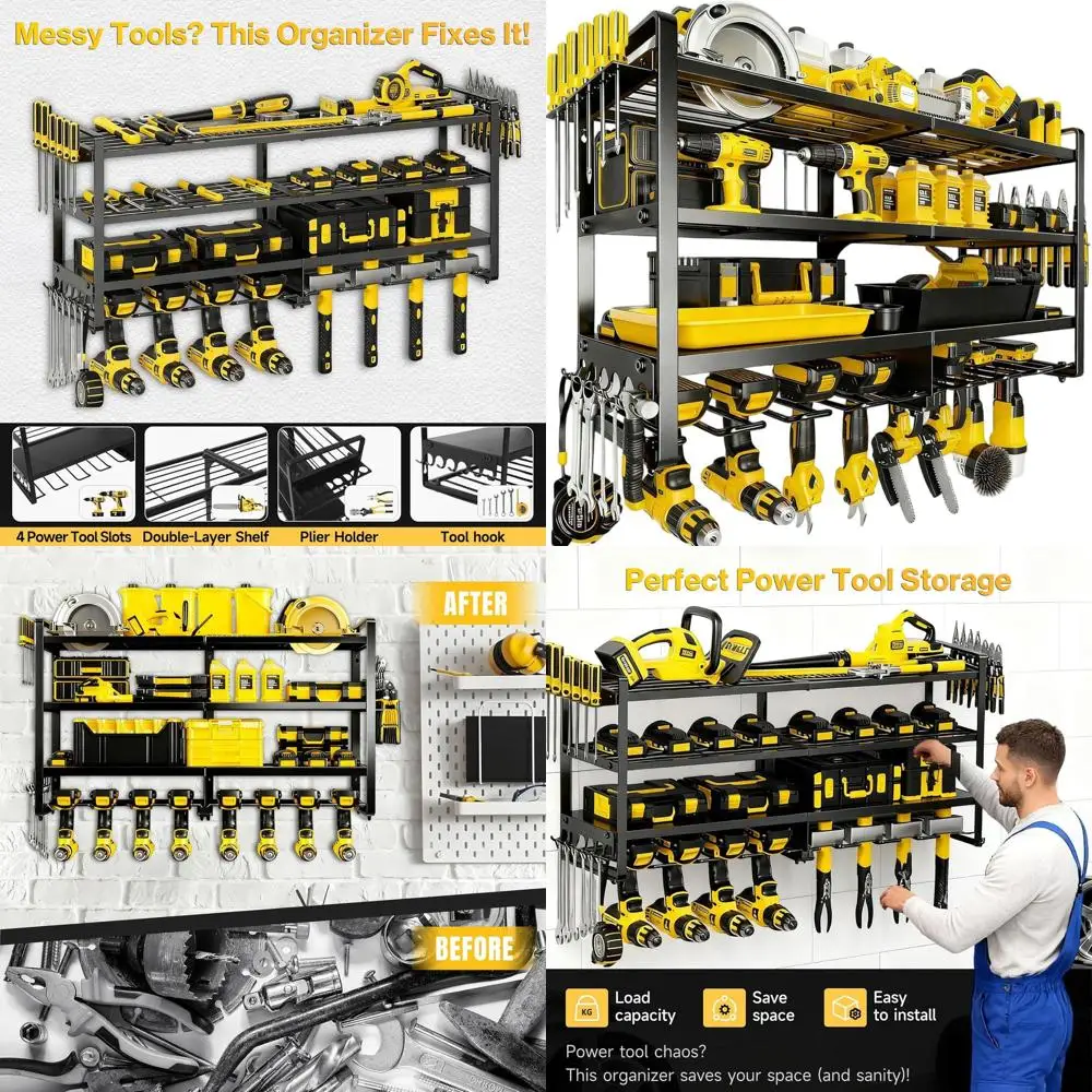 

Sturdy 4-Tier Wall Mounted Tool Storage Rack with 8-Drill Holder and Charging Station, 400lb Capacity for Garage Workshop Effici