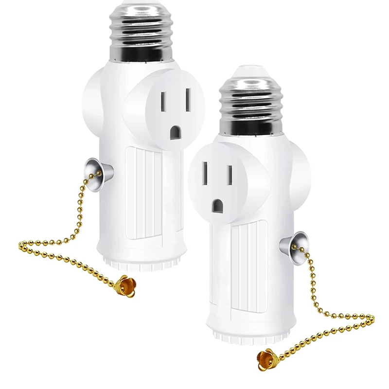 A73P-2 Pcs Light Socket To Plug Adapter,E26/E27 Light Bulb Outlet Socket Adapter,Sockets Support 3 Prongs Light Plug US Plug