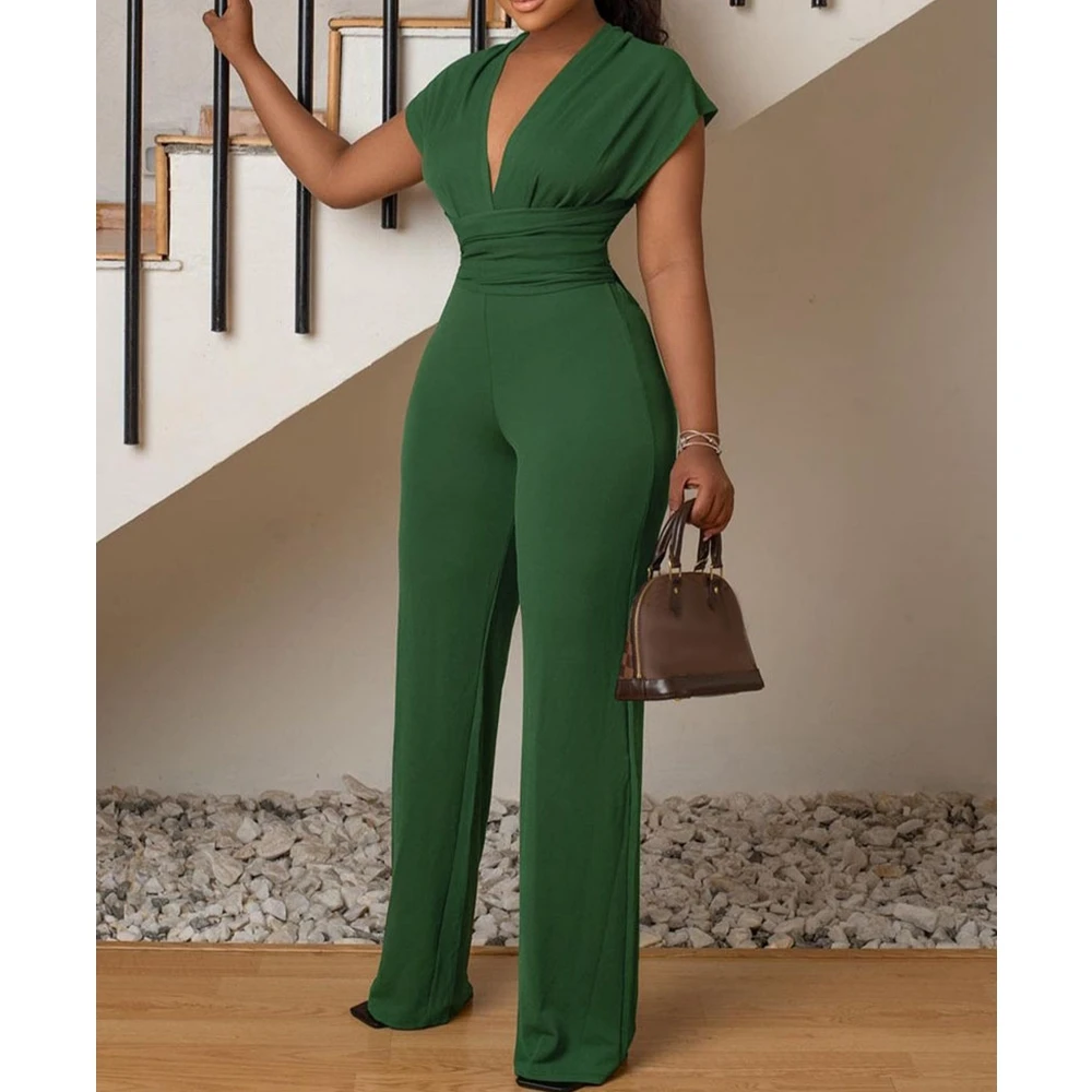 

Jumpsuit Women Solid Color Waist Tight Green Jumpsuit Rompers High Waist Criss Cross Tie Back Summer Deep V-Neck Jumpsuit