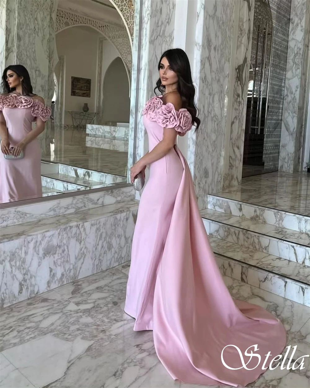 Customized Strapless Short Sleeves Exquisite Evening Dress Mermaid Floor Length Cocktail Dress Watteau Train Luxury Prom Dress