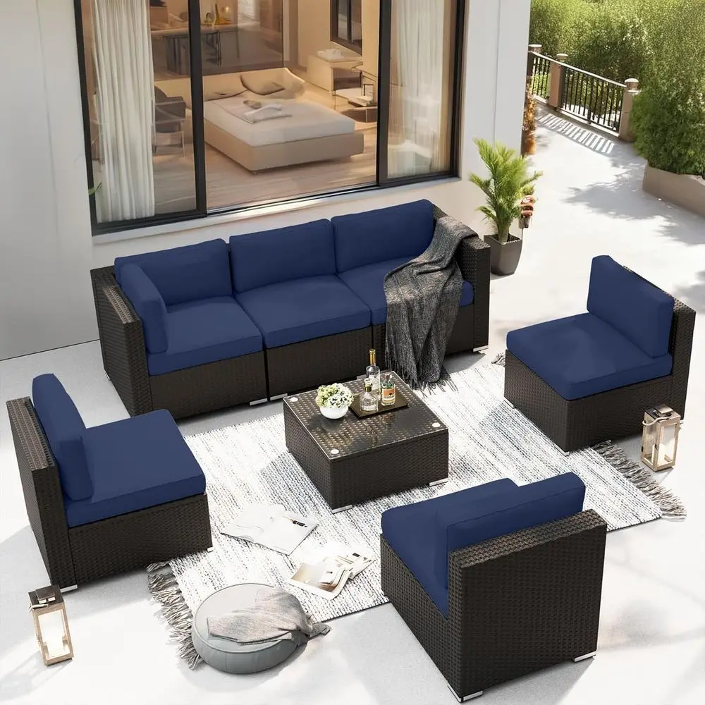 

7-Piece All-Weather Wicker Outdoor Patio Sectional Sofa Set with Tempered Glass Coffee Table and Cushions - Navy Blue
