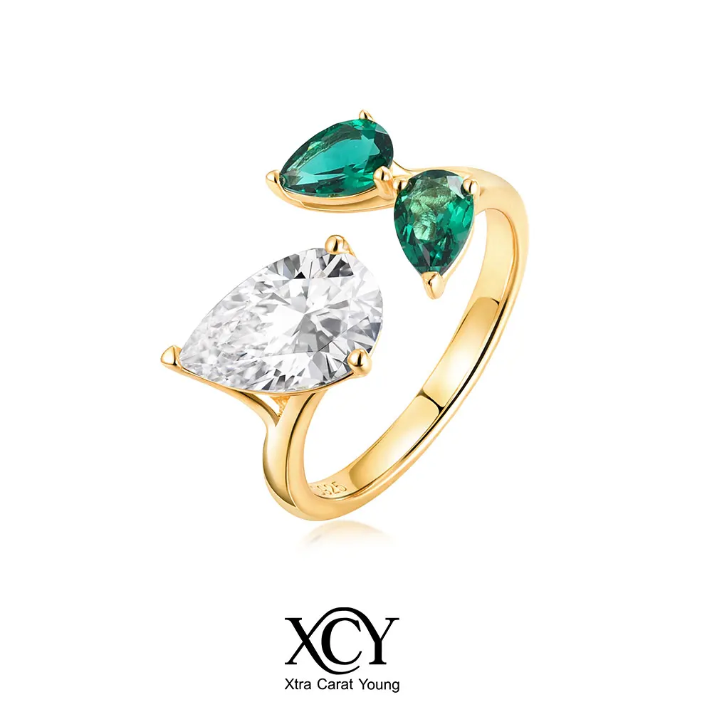 

XCY Pear Cut Moissanite & Lab Emerald Open Ring for Women 14K Gold Plated Three-Stone Engagement Ring Fine Jewelry Certificate