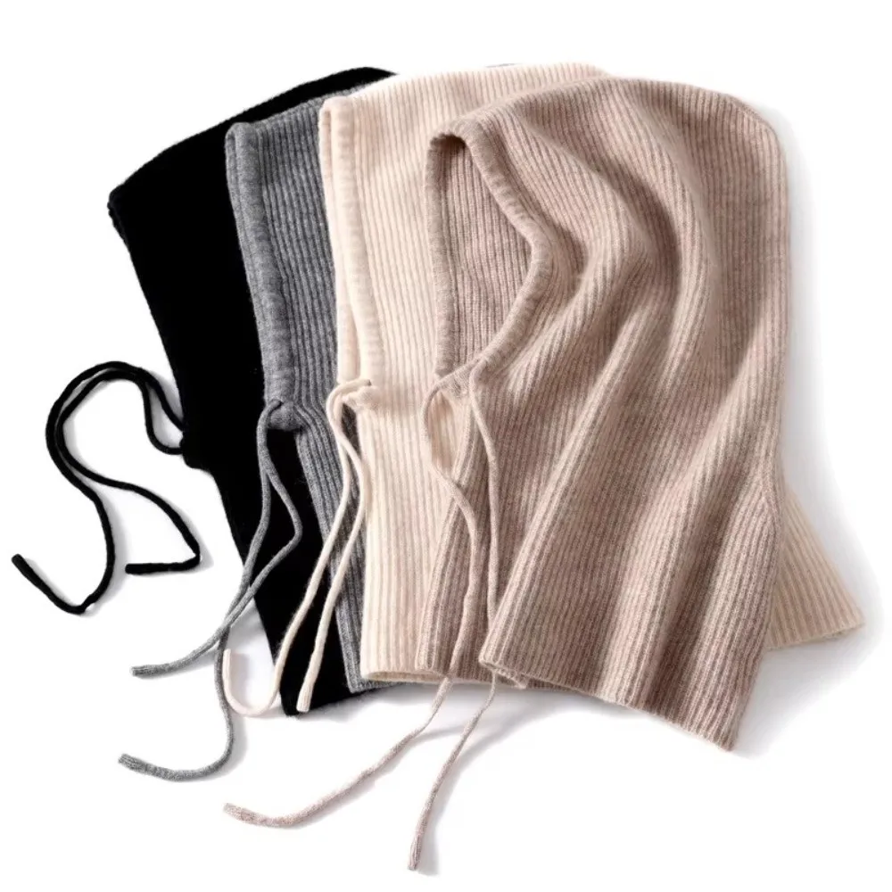Thick Winter Knitted Hooded Caps Windproof Elastic Balaclava Hat Breathable Drawstring Adjustable One-piece Neck Collar