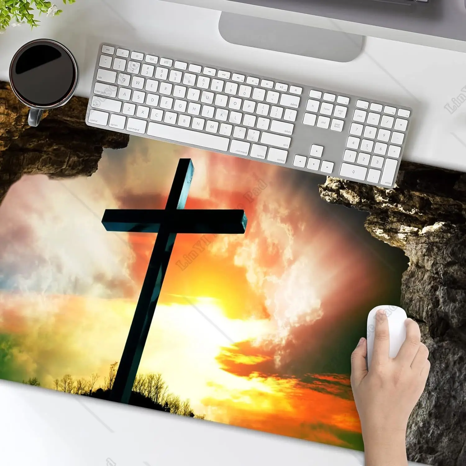 Jesus Cross Hole Gaming Mouse Pad XL Christ Faith Desk Mat Non-Slip Rubber Base Stitched Edge Mousepad for Laptop 31.5×11.8 in