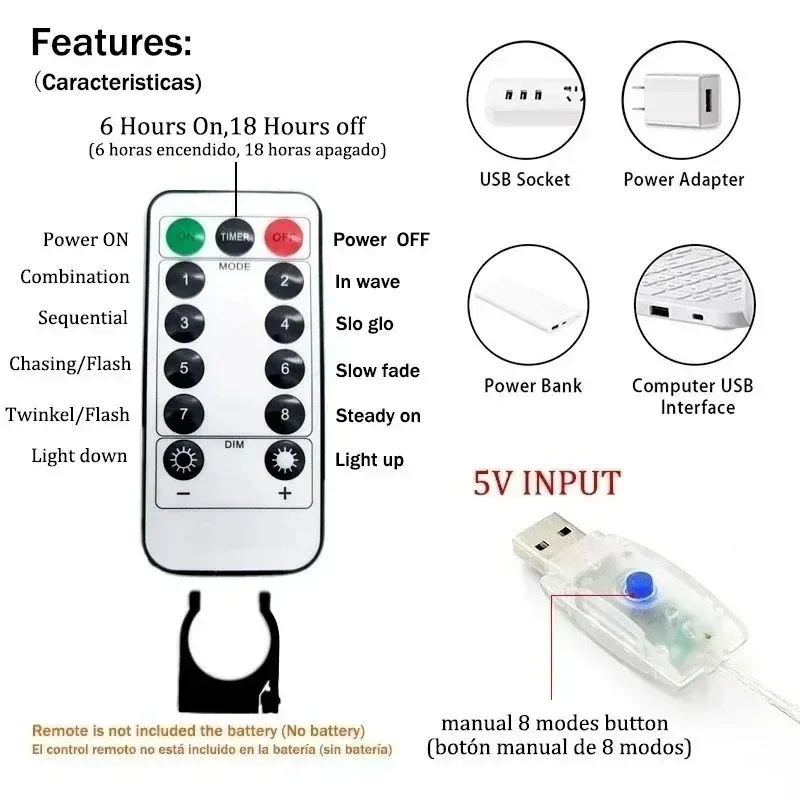 ستارة عن بعد أضواء الجنية LED 8 طرق نافذة USB سلسلة أضواء الطاقة اكليل حفلة عيد الميلاد السنة الجديدة زينة عيد الميلاد عطلة ضوء