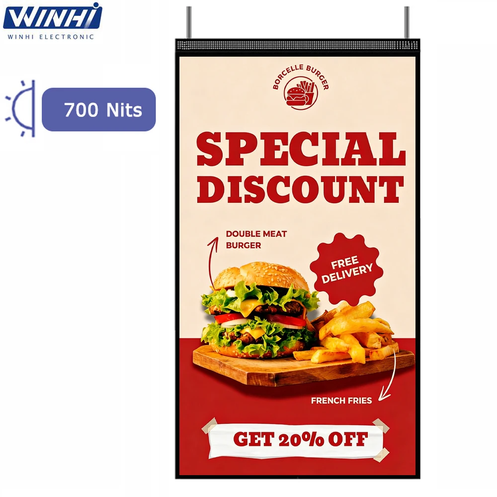 43 55 65inch Sunlight Readable Window Display Ultra-Slim Hanging LCD Android Smart Signage for Storefront Advertising