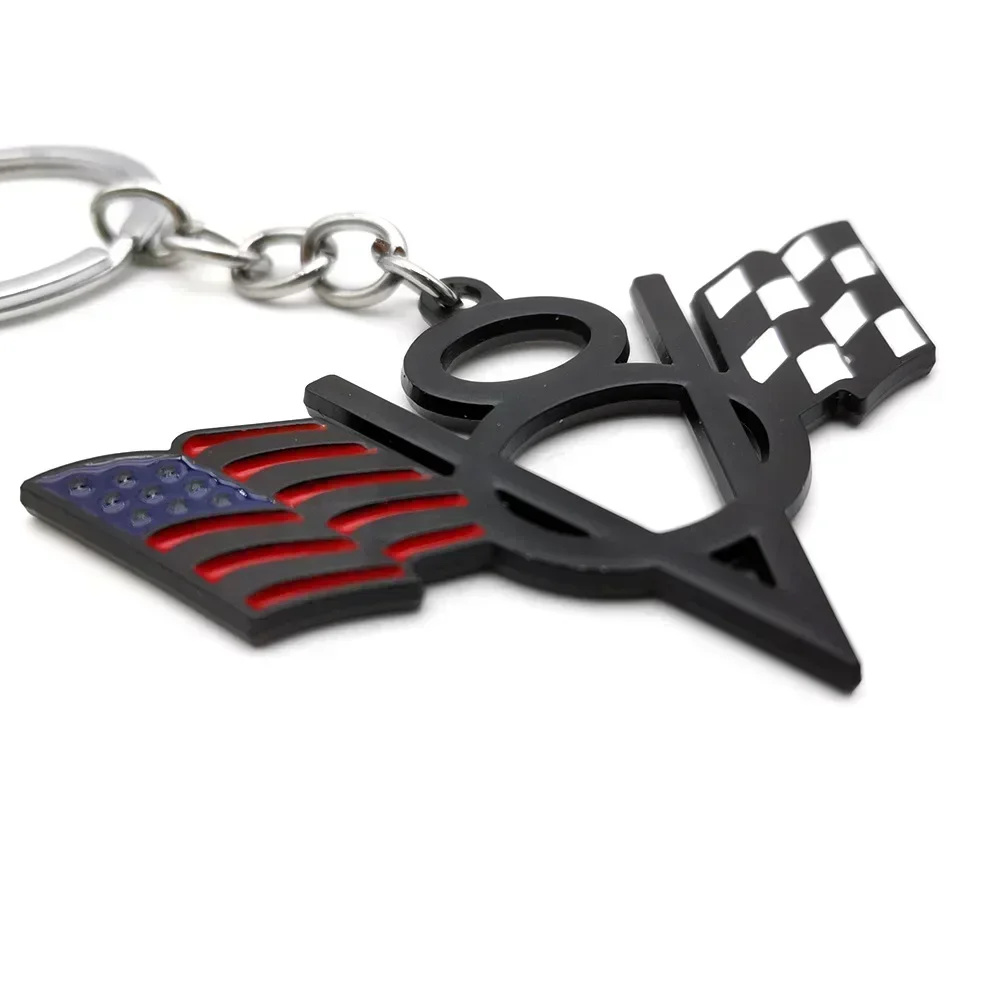 3D Metal V8 Flag Logo Keychain Keyring Car Emblem Badge Key Rings Holder for Chevrolet Doge Jeep Ford Accessories