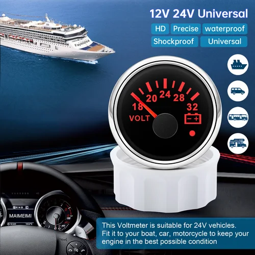 Imagen 2 del producto Voltímetro de 52mm, voltaje de retroiluminación de 7 colores, 8-16V, 18-32V, medidor de voltios con luz de advertencia Universal para barco, coche marino de 12V y 24V