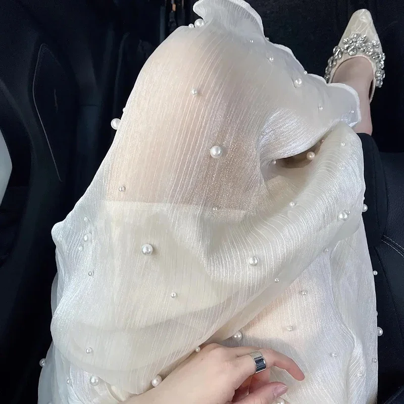 Elegante Perle Mesh Midi Rock Frauen Mode Perlen Patchwork Röcke Röcke Sommer Streetwear Koreanische Casual Design EINE Linie Faldas