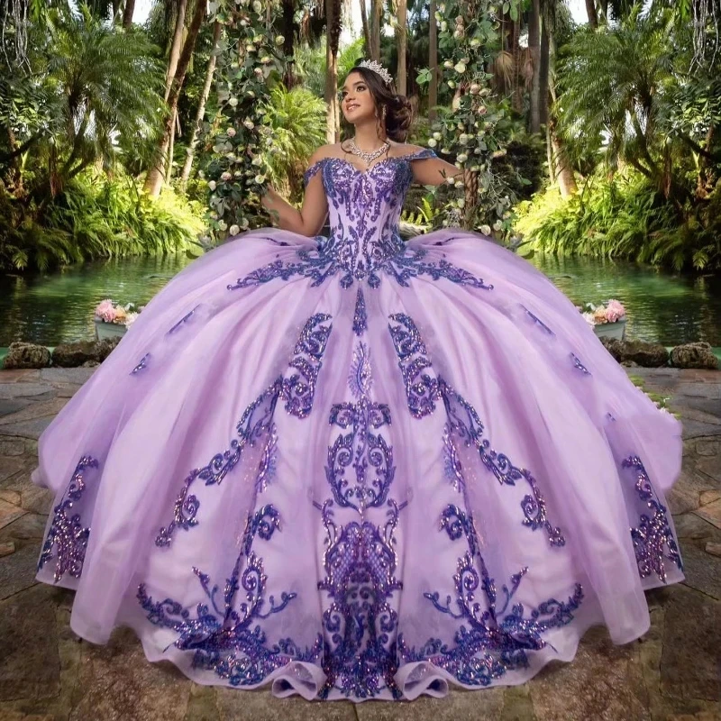 

Lilac Shiny Quinceanera Dress Off the Shoulder Ball Gown Lace Applique Beads Tull Corset Sweet 16 Vestidos De 15 Años