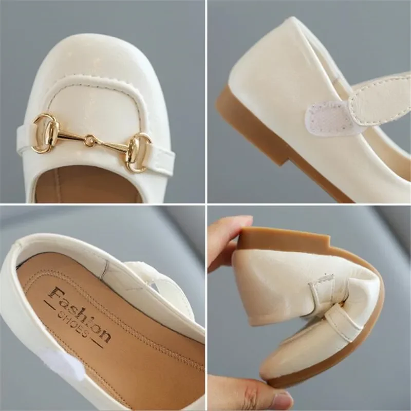 Kids Soft Bottom Bean Shoes for Girls White Square Toe Anti-Slippery Princess Shoes Children Hook&Loop Rubber Sole Leather Shoes