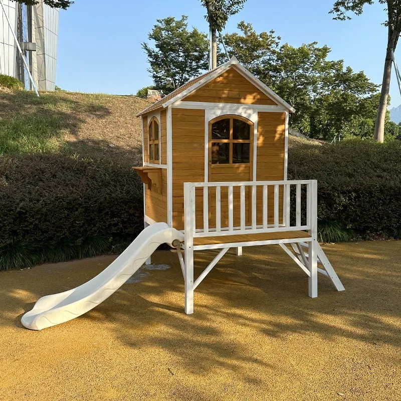 Wooden large outdoor toy house, slide game room tree house, wooden kindergarten rides