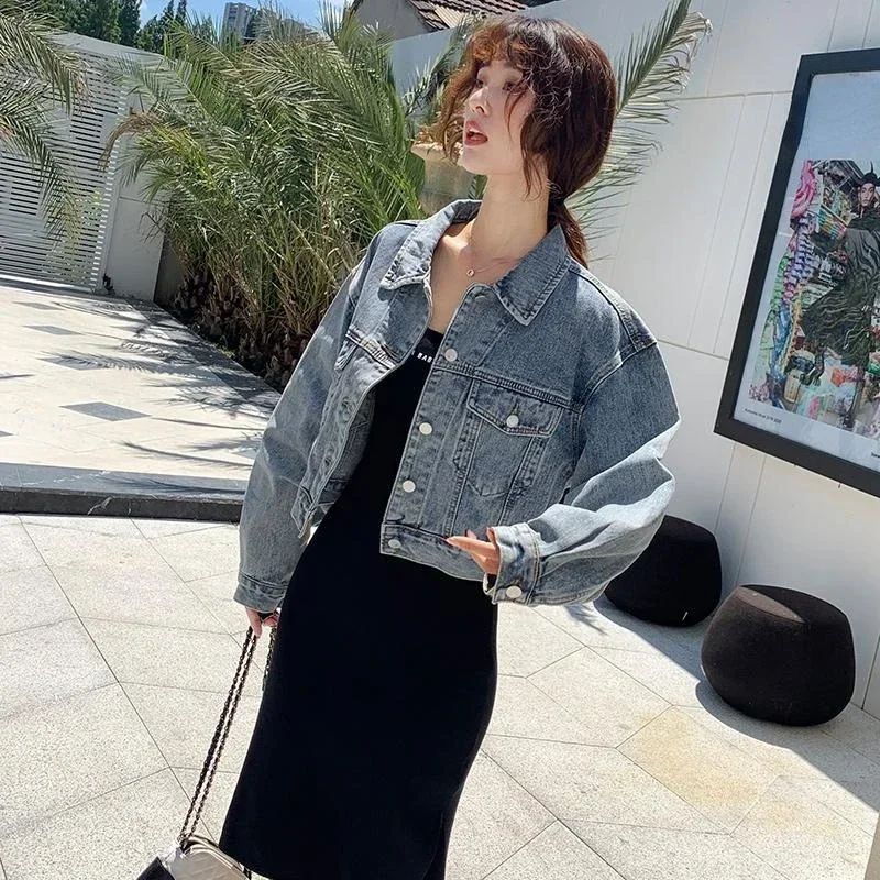 

Denim Jackets Women Basic Pockets Vintage Cropped All-match Simple Streetwear Turn Down Collar Stylish Classic Preppy Popular