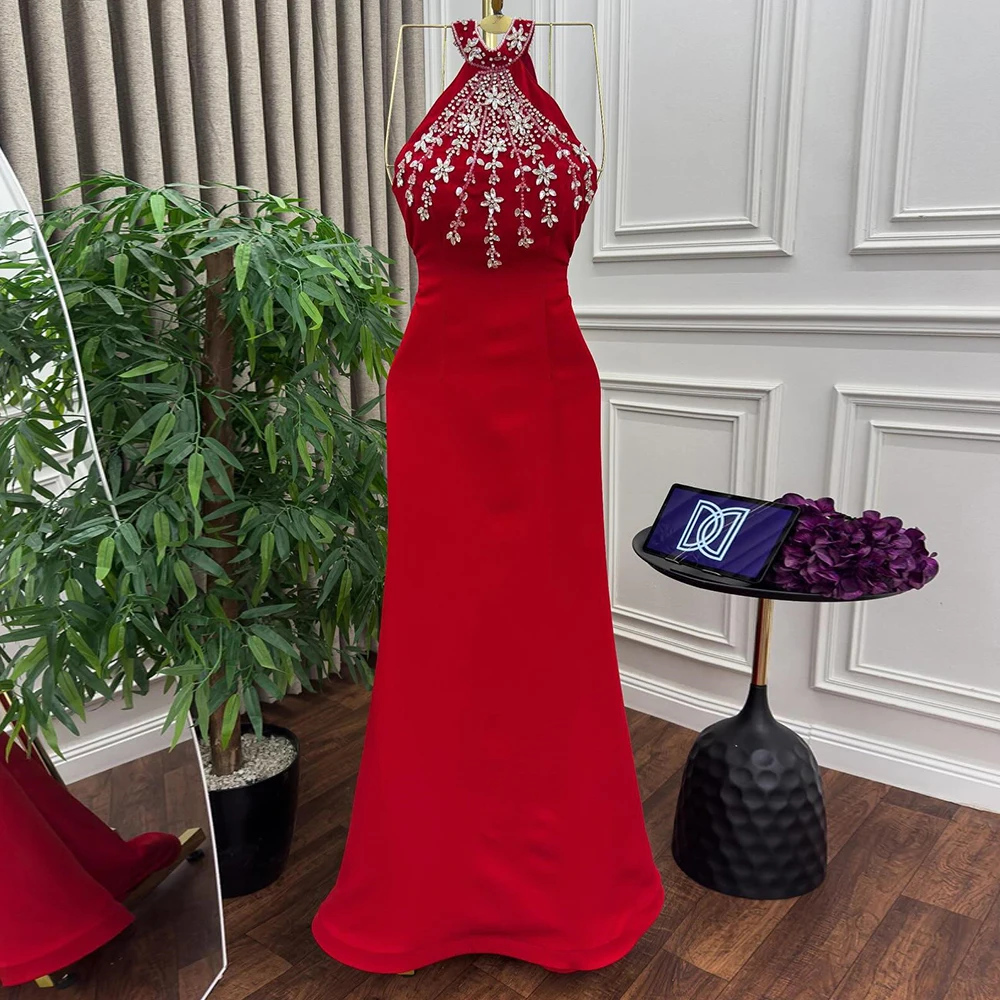 

Customized Mermaid Evening Dresses Floor-length High-neck Sleeveless Prom Gown Fashion Crystal Simple Draped Backless Party Gown