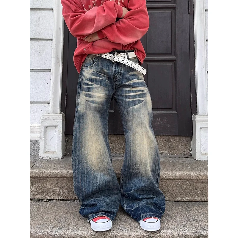 

Retro American Sle Women's Jeans Dirtied Denim Loose Wide Leg Knife ape Pants Casual Loose Fit Women's Wear