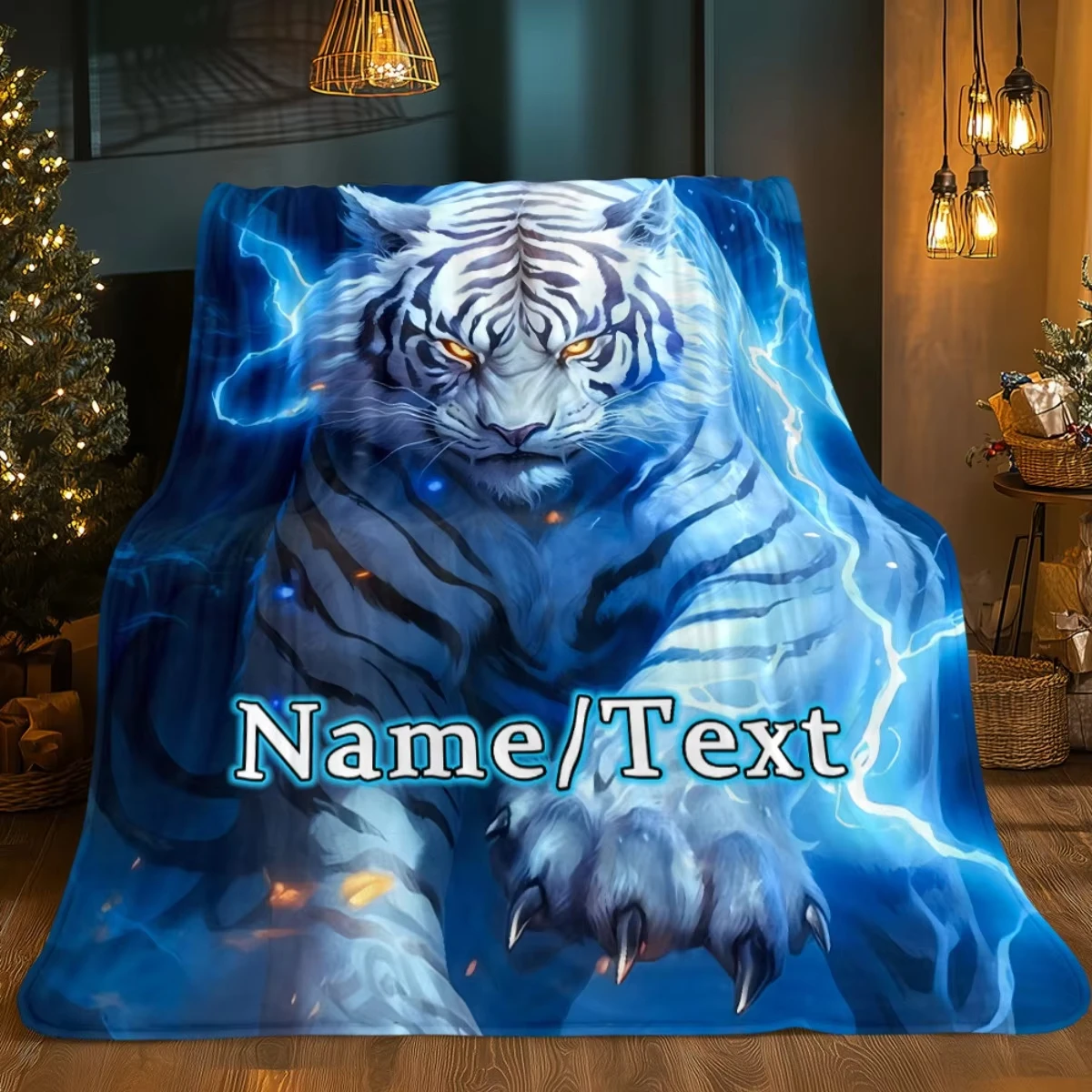 winter Blue Lightning White Tiger Blanket - Custom Name_Text, Lightweight Flannel Throw for Sofa, Travel, Camping, Bed