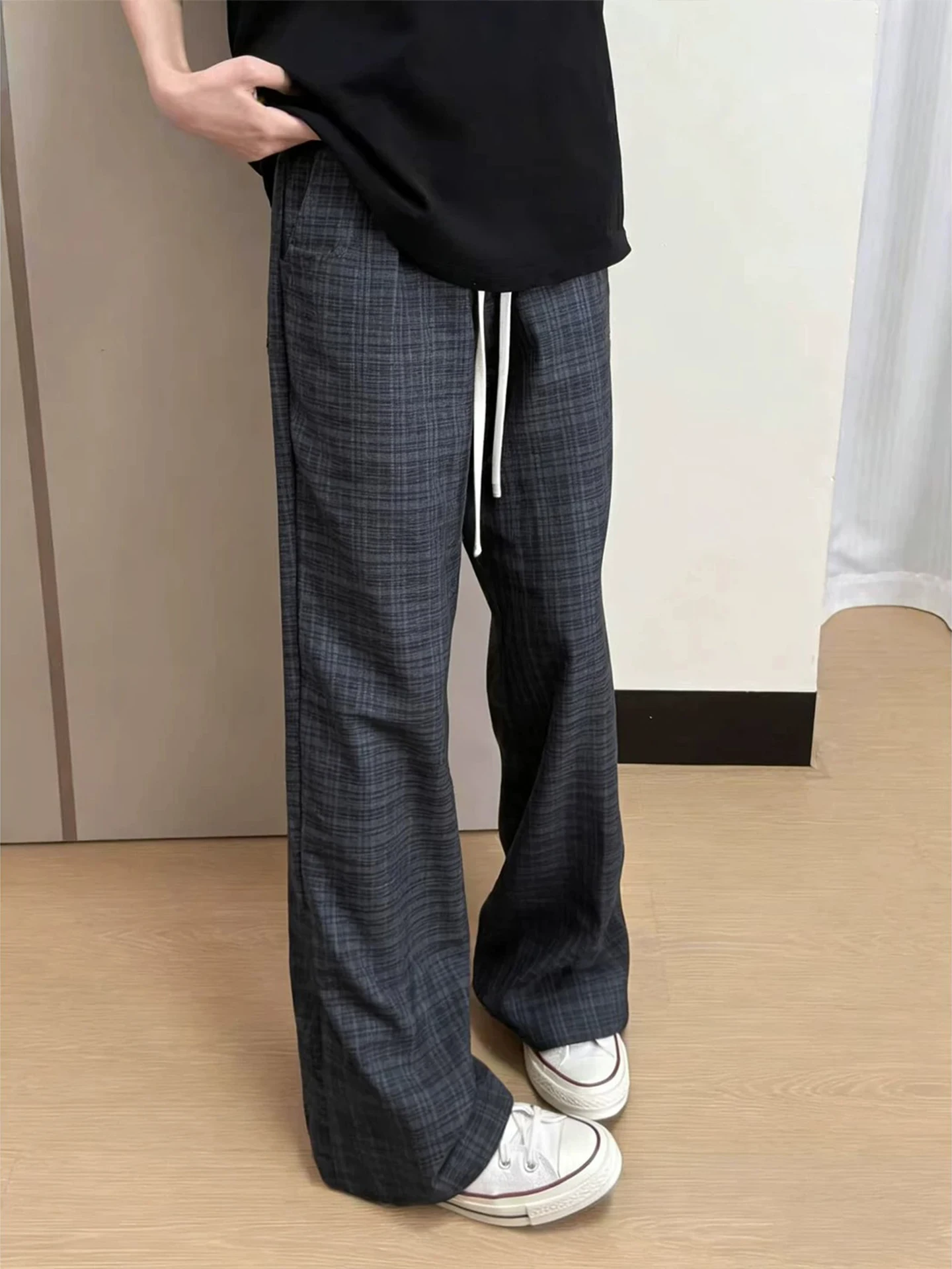 Gray Plaid Ice Silk Casual Pants Men's Summer American Cleanfit Loose Leggings Straight Leg Lazy Wide Leg Trousers