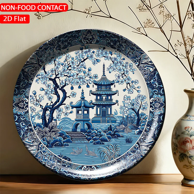 One Ceramic Decorative Plate Featuring Blue Pagoda Art, Intended Solely for Decorative Use And Not for Food Contact. Ideal for