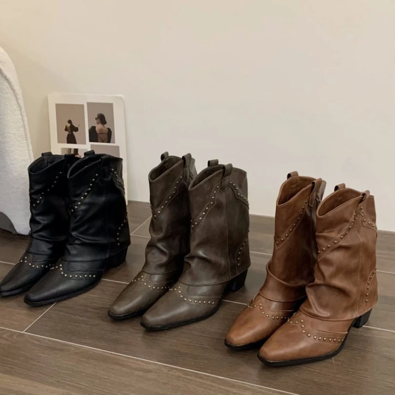 Ladies Rivet Western Cowboy Boots Pointed Toe Pleated WinterMid Calf Cowgirl Boots Vintage Chunky Heel Slip On Women Boots