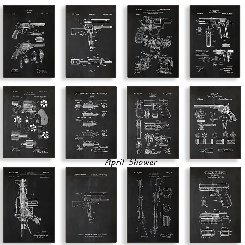 Abstract Gun New Patents 14 Glock 17 1985 Black Posters Canvas Painting and Prints Wall Art Picture for Living Room Home Decor