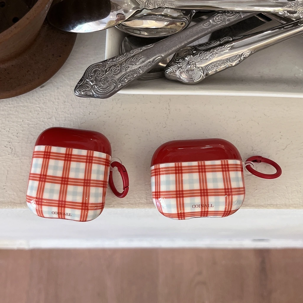 Korean Style Red Plaid Splicing Glossy With Cute Dog Pendant Protective Earphone Cover Case for AirPods 1 or 2 3 4 5 Pro 2 Pro 3
