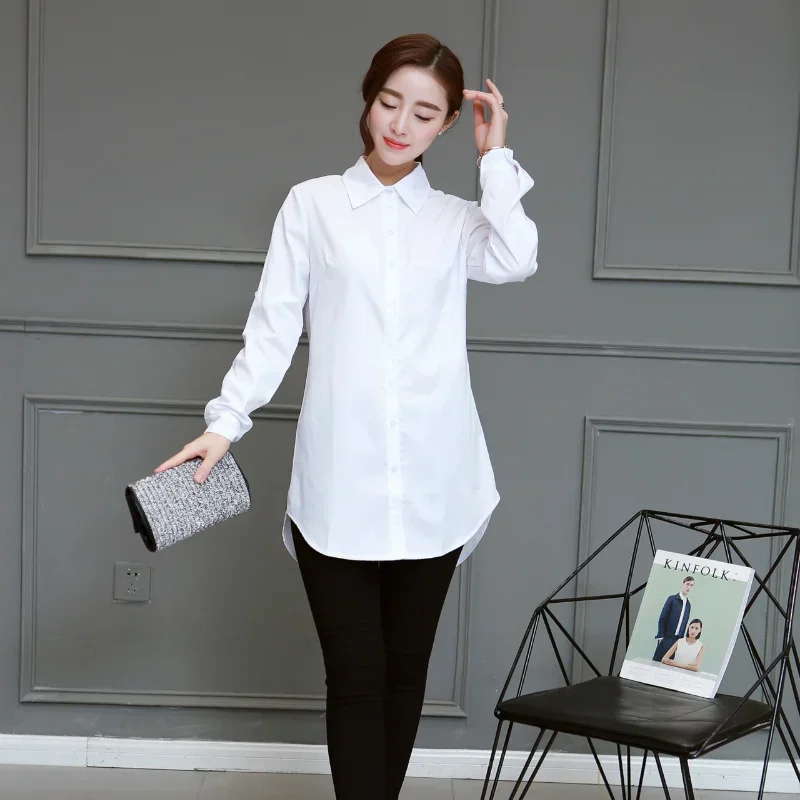 Spring Autumn Women Shirts New BF Long Shirts Sexy Loose Large White Shirts Pajamas Mid Length Women\'s Blouse Basic Ladies Tops