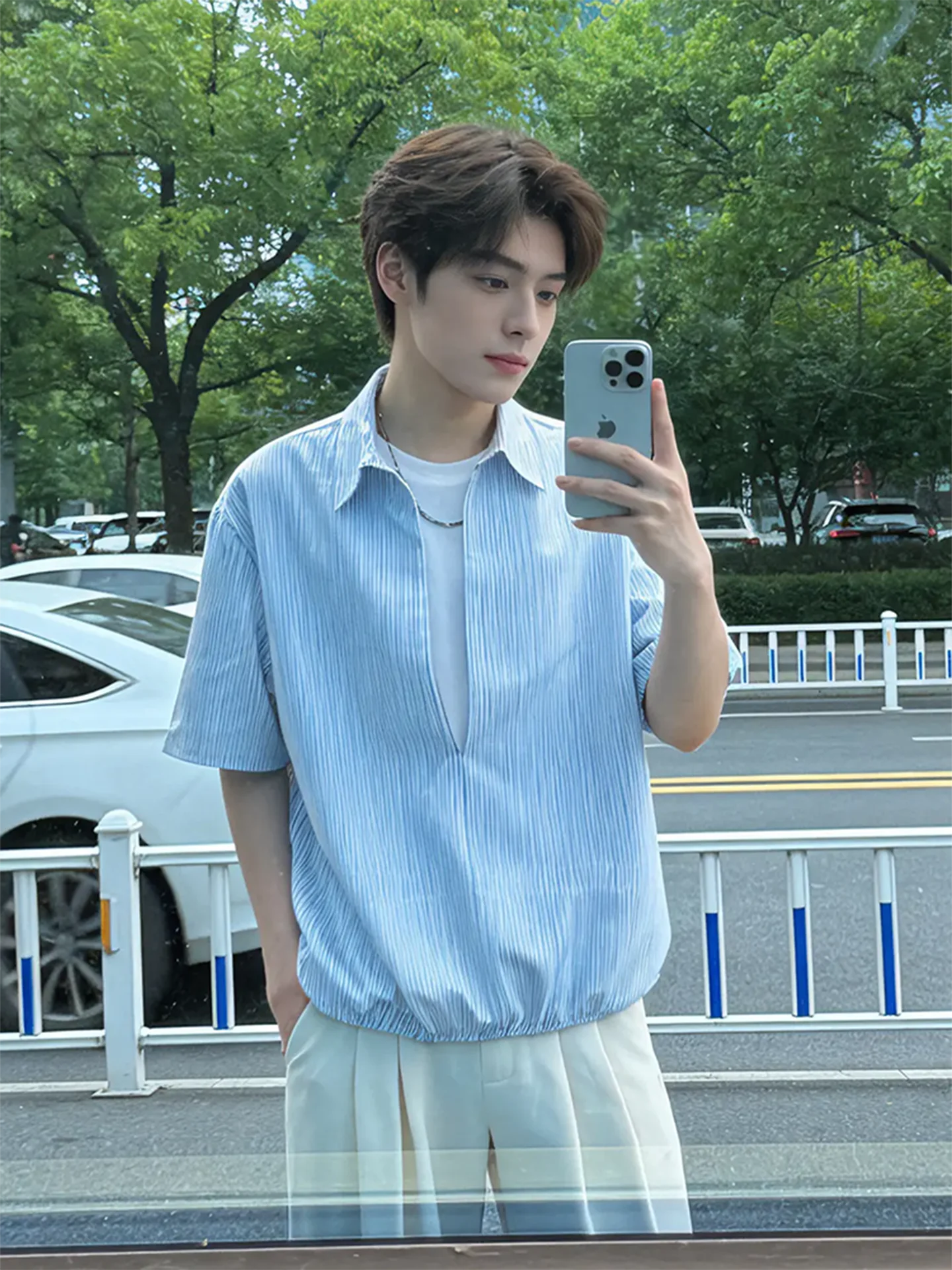 Blue Striped V-Neck Short Sleeve Shirt Men's Summer Cleanfit Premium Feel Loose Fit Fake Two-Piece Shirt Casual American Style