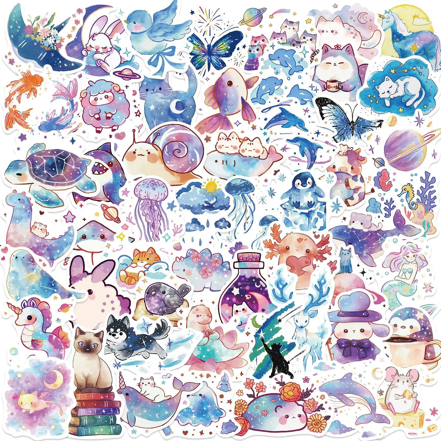 

10/53PCS Starry Sky Watercolor Small Creatures Graffiti Stickers Creative Cartoon Decal Notebook Phone Cup Skateboard Kid Toys