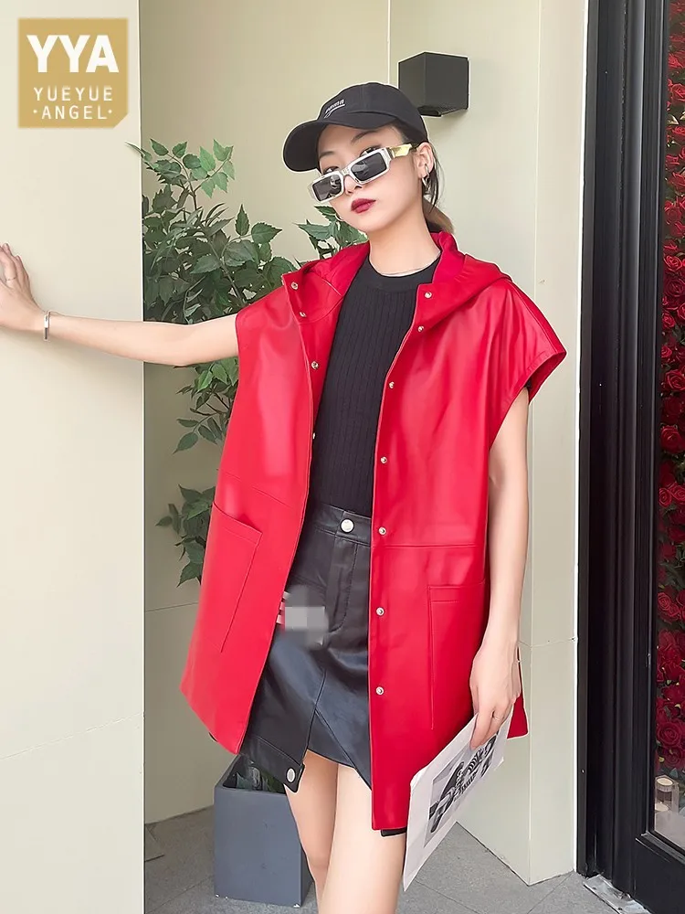 Damska kamizelka z prawdziwej skóry Streetwear luźny krój jednorzędowa kurtka bez rękawów z kapturem Hip Hop damska kamizelka na co dzień